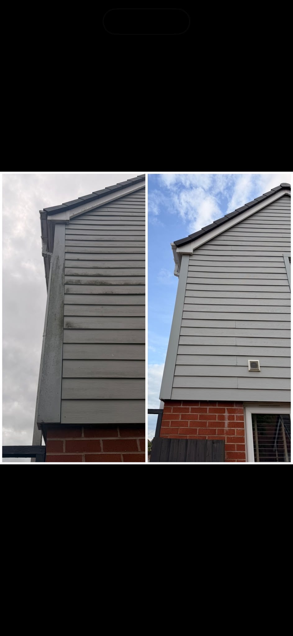 Grey horizontal cladding before and after cleaning, algae streaks lifted from the boards