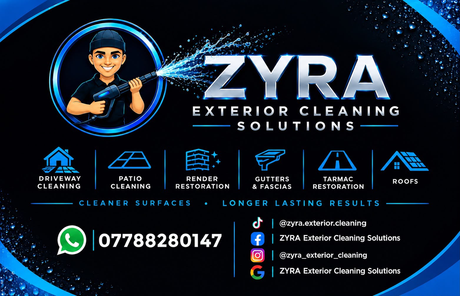 ZYRA Exterior Cleaning Solutions contact card with WhatsApp number 07788 280147 and social links