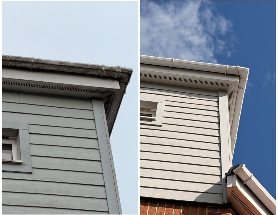Fascia and soffit boards before and after cleaning, stained grey eaves next to washed white boards