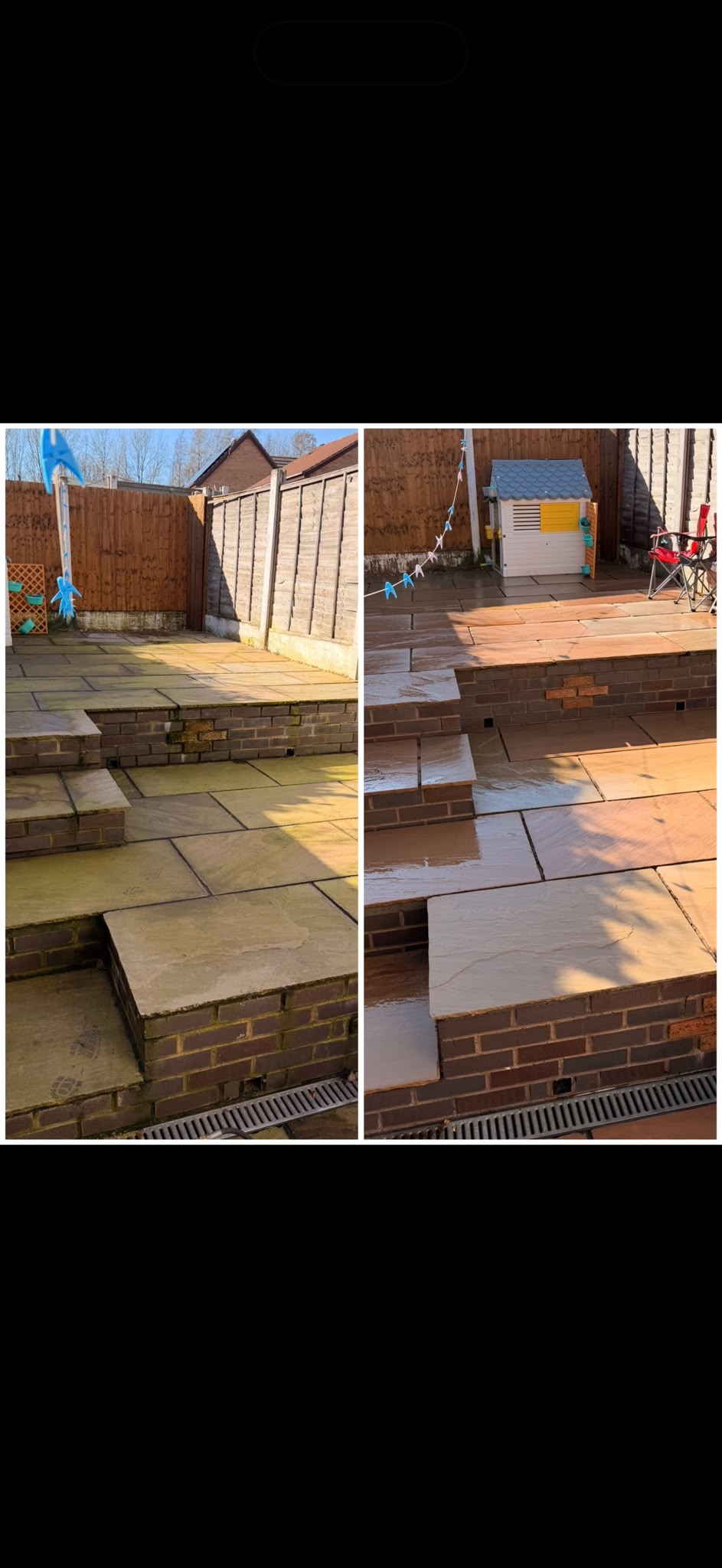 Garden steps and sandstone patio before and after a pressure wash