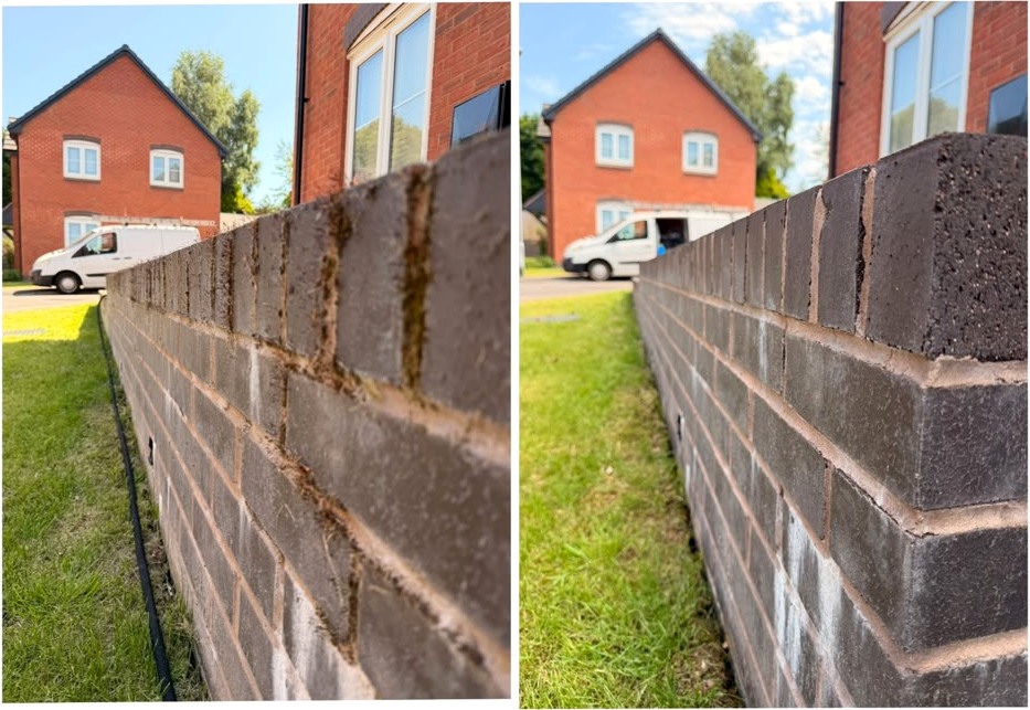 Dark brick perimeter wall before and after cleaning, moss lifted from the joints